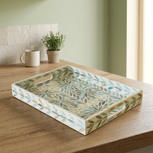 Plateau de service rectangulaire en bois d'acacia écologique et durable, motif feuille, peint à la main, design bohème de luxe, cuisine, Ramadan, Eid - Product Image 1