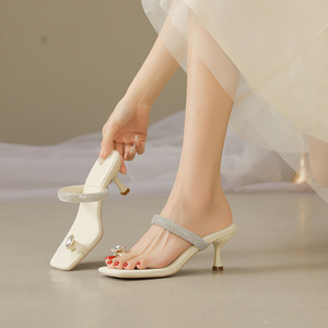 Sandalias de Tacón Alto con Punta Cuadrada y Tacón de Aguja, Tallas 35-40, Blancas, para Mujer, con Perlas, Casuales, Tacón Delgado, Aumentan la Estatura - Product Image 3