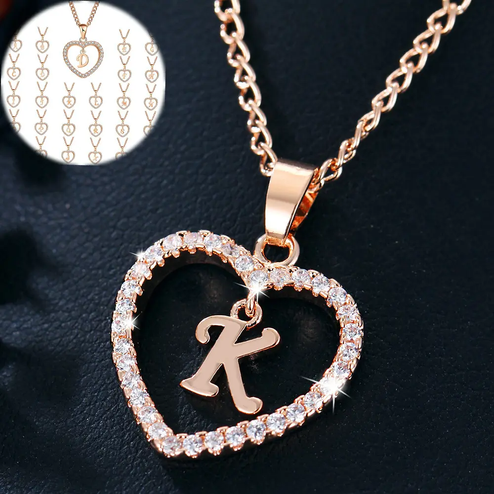 Factory Wholesale Hot Sale Letter Necklace Love Pendant Jewelry Zircon 26 Letter Heart-Shaped Necklace