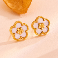 MIRADIA Style INS Bracelet Collier Boucles d'Oreilles Fleur Cinq Trèfles en Acier Inoxydable Plaqué Or 18 Carats Étanche pour Femme