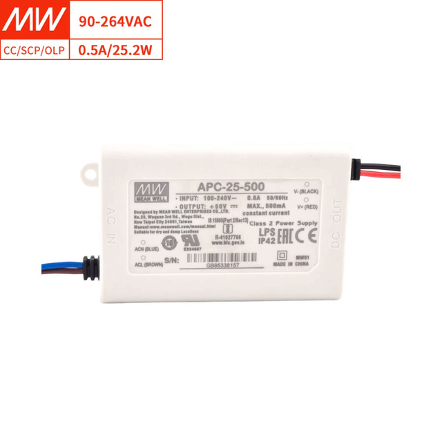 Mean Well APC-25-500 25W LED Driver Compact IP42 Constant Current Power Supply for Indoor Lighting Switching Power Supply