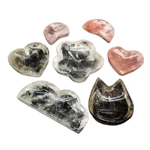 Wholesale natural high quality hand carved clear quartz flower shape bowl rose quartz crystal craft moon heart for decoration