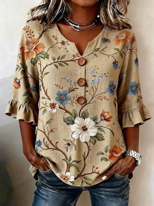 Women's 2025 Spring/Summer Wholesale New European and American Women's V-neck <b>Linen</b> Cotton Button <b>Top</b> - Product Image 1