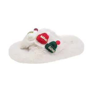 크리스마스 슬리퍼 겨울 모피 머핀 두꺼운 바닥 슬라이드 샌들 럭셔리 패션 인조 모피 비건 하우스 실내 여성 슬리퍼