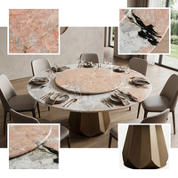 Table à manger ronde avec plateau en marbre rose Pandora, base géométrique dorée, mobilier moderne de luxe pour salon