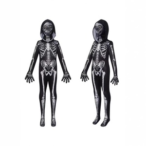 Combinaison squelette phosphorescente pour Halloween, texture soie imprimée, costume de mascarade ajusté, unisexe pour adultes et enfants - Product Image 1