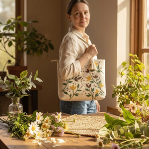 Womens Cotton Canvas Tote Bag 200 GSM Floral Embroidery Two Inner Pockets Custom Logo Wholesale - Product Image 4