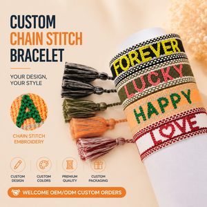 Braccialetti Intrecciati Personalizzabili all'Ingrosso, <span class=keywords><strong>Bracciali</strong></span> dell'Amicizia con Nappine Ricamate, Braccialetti in Tessuto per Uomo e Donna - Product Image 1
