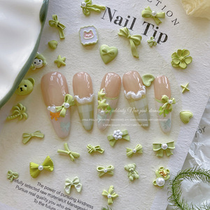 สินค้ามาใหม่ 10 ชิ้น/ถุง ชาร์มติดเล็บรูปหัวใจโบว์พลาสติกเคลือบสีเขียวมัทฉะ 3 มิติ ประดับด้วยคริสตัลแฟชั่นสำหรับตกแต่งเล็บ - Product Image 2