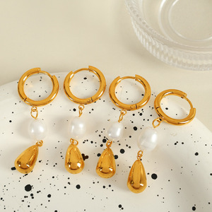 ต่างหูห่วงมุก ดีไซน์หยดน้ำสีทอง สำหรับผู้หญิง สวมใส่ได้ทุกวัน - Product Image 2