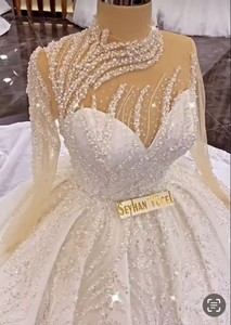 Venta al por menor 2025 nigeriano con cuentas de encaje vestido de novia de manga larga vestido de baile con tren de la Catedral para Aso Ebi <span class=keywords><strong>fiesta</strong></span> vestido de novia - Product Image 3