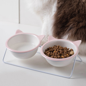 Ceramic <b>Cat</b> Bowls Double Elevated <b>Feeder</b> For <b>Cats</b> With Pink <b>Cat</b> Ears Design - Product Image 1
