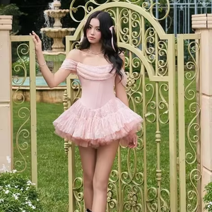 Vestido Mini de Tul Rosa con Hombros Descubiertos <span class=keywords><strong>para</strong></span> Mujer, Vestido de Fiesta con Volantes, Elegante <span class=keywords><strong>para</strong></span> Eventos Formales, Cócteles y Veladas - Product Image 1