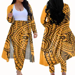 New Ropa De Mujer Outfits 2 Piece Sets Polynesian 2 Piece Pant Set Women Casual Floral Long Sleeves Open Front Cardigan Cover Up
