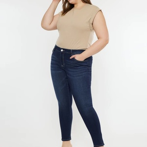 Jeans de mujer de talla grande, de cintura media, lisos, de corte recto, elásticos, casuales, suaves y cómodos, estilo skinny, pantalones pitillo de mezclilla de largo completo para mamá - Product Image 3