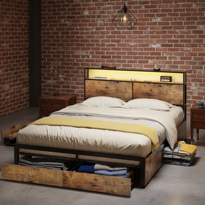 Lit double moderne avec étagère intégrée rétroéclairée, cadre en bois rustique, tiroirs de rangement, lumières LED, métal solide - Product Image 4