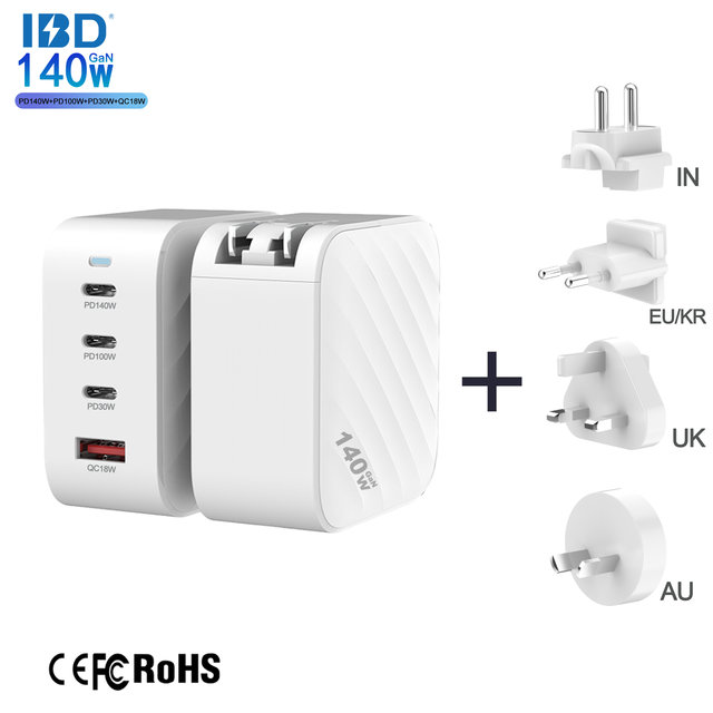 IBD Gan 140W Charger 100W 4 Port PD 3.1 Fast Charging usb c US EU UK AU IN KR Changeable Plugs Laptop Phone Wall Charger Adapter