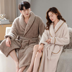 <b>Men</b> and Women Long Coral <b>Fleece</b> Bathrobe Over-the-Knee Style Flannel Lining Plus Size Winter Couples - Product Image 1