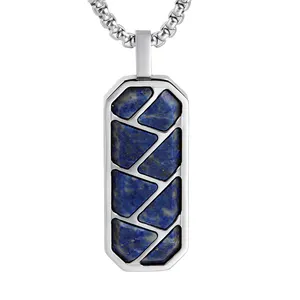 Pendentif rectangulaire en acier inoxydable avec pierres précieuses bleues Joli pendentif à breloque en lapis-lazuli