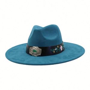 New Arrival National Style Suede Fedora Hat Flat Wide Brim with Embroidery <b>Patch</b> Design Casual Fashion Colorful Suede Jazz Hat - Product Image 5