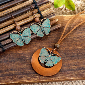 Conjunto de Joyería Vintage con Mariposas, Collar y Aretes de Aleación de Madera, Accesorios de Moda Retro para Mujer - Product Image 1