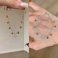 Gelang Perak Vintage Retro Gaya Dopamin Berlapis Ganda Pelangi Batu Gelembung Semanggi Niche Delikat Serbaguna Emas Warna-warni