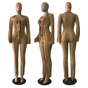 Trendy <b>Sexy</b> Lace up Flare Sleeve Crop Top Solid Color 2 Piece <b>Set</b> Women Fashion - Product Image 5