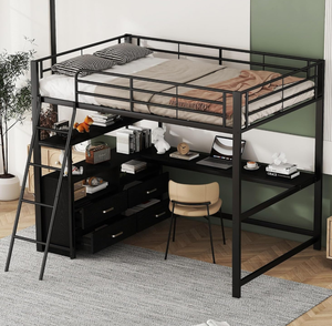 Cama de <span class=keywords><strong>dos</strong></span> niveles con <span class=keywords><strong>escalera</strong></span> negra y barandilla antideslizante, la sección inferior tiene cajones y un escritorio. Ideal para dormitorios. - Product Image 1