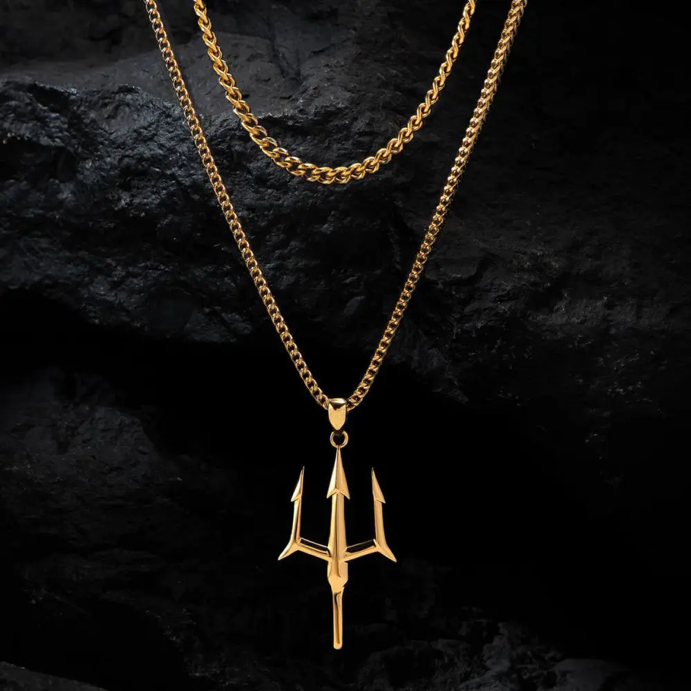 Antiga Grécia Amuleto Jóias 18k Banhado A Ouro Aço Inoxidável Poseidon Trident Colar Pingente para Homens