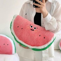 Coussin décoratif en peluche en forme de melon d'eau, créatif et adorable, figurine demi-ronde géante, pour canapé et salon