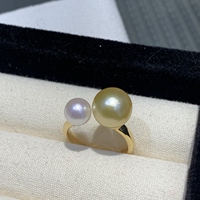 Bague de luxe plaquée platine à double perle avec perle dorée des mers du Sud de 10-11 mm et perle Akoya de 7-8 mm, inspirée des célébrités, réglable