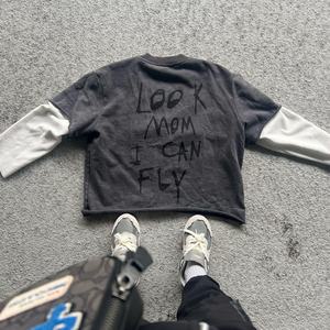 T-shirt en coton délavé à l'acide, broderie usée, streetwear personnalisé, surdimensionné, deux pièces, manches longues, double couche, pour hommes - Product Image 5