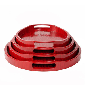 Round <b>tea</b> <b>tray</b> with handle and non-slip painted double sword series imitation wood round wood grain <b>tray</b> - Product Image 3