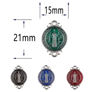 21*15mm Banhado A Prata Epoxy Imagem St Benedict Medalha Para Fazer Pulseiras De Rosário