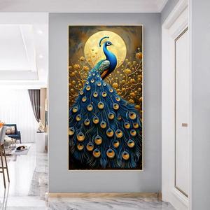 Peinture décorative d'entrée Paon, Art mural de fond de couloir, Paysage animalier avec lampe, Peinture en porcelaine de cristal personnalisée - Product Image 3