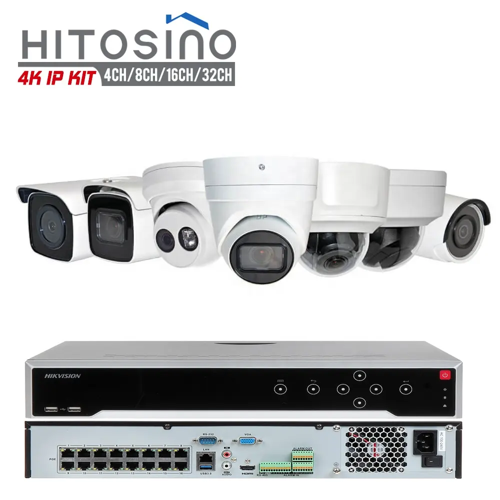 Hitosino Hik OEM 4ch 8ch 16ch 32ch في الهواء الطلق PoE المنزل 4K 8MP فيديو مراقبة IP الأمن مجموعة كاميرا تلفزيونات الدوائر المغلقة طقم NVR نظام