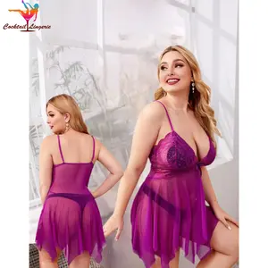 sexy plus size lace women's underwear purple babydoll sleepwear lingerie set with bow lingerie erotic sexy lingerie sets