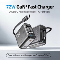 WLX-P5 72W GaN Fast Charger dengan 2 Kabel USB C yang Dapat Ditarik, Adaptor Pengisian Daya Multi-port Mini Portabel untuk Laptop & Smartphone