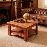 Table basse carrée en pin avec étagère de rangement inférieure, table centrale moderne en bois massif pour petit salon, style farmhouse