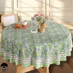 Round Printed Cotton <b>Linen</b> <b>Tablecloth</b> Floral Pattern Modern Style Handmade Customized Washable Party Use Green Blue White Design - Product Image 1