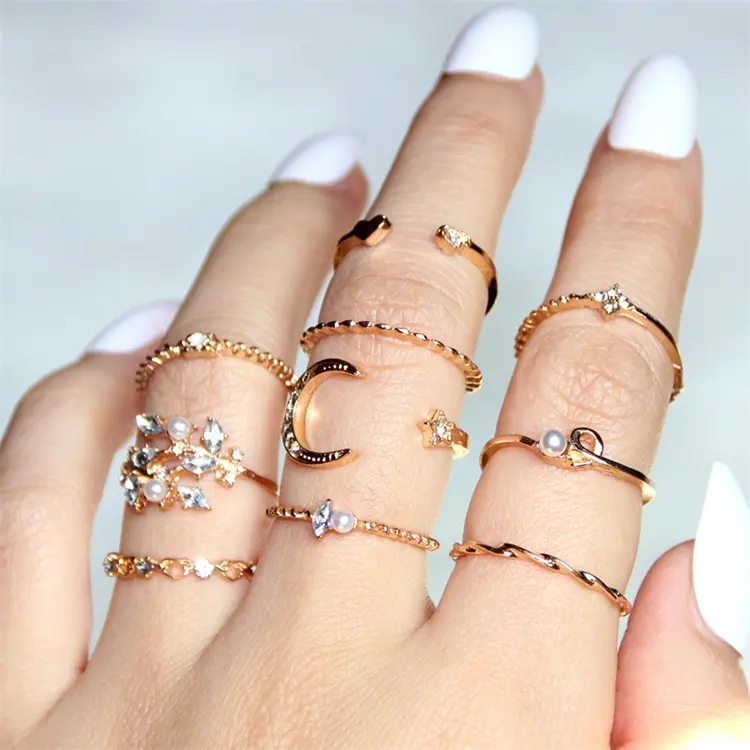 Bán Buôn New 10 Cái/bộ Bohemian Thời Trang Mạ Vàng Sao Trăng Tình Yêu Leaf Rhinestone Ngọc Trai Phụ Nữ Nhẫn Set