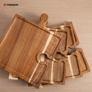 Juego de 4 piezas de madera de acacia pulida y duradera: Base de almacenamiento para platos tipo rompecabezas, bandeja para copas de vino con asa, plato para pizza, tabla de cortar sólida y bandeja para filetes - Product Image 3