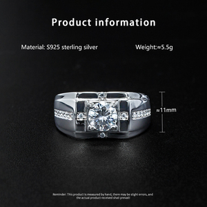 Anillo de Compromiso y Matrimonio de Lujo para Hombre, Plata 925, Moissanita de 1 Quilate, Color D, Claridad VVS, Pasa la Prueba del Plata - Product Image 6