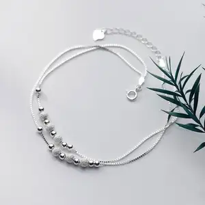 Fine Jewelry 925 Sterling Silver Double Layer Korean Simple Frosted Bead Anklets
