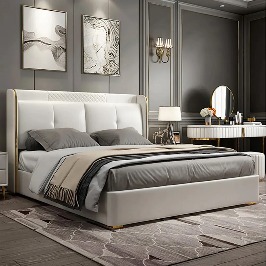 leather upholstered headboard wood slats king size white wingback bed