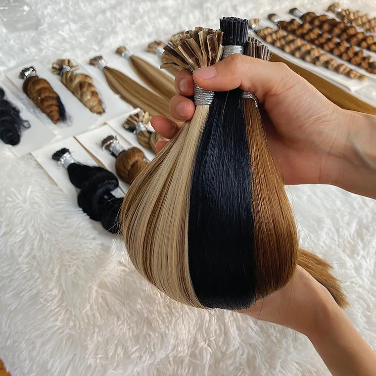 Großhandel Top Grade Italienischer Kleber Full Thick End I Tip Echthaar verlängerungen Keratin Stick Russische Jungfrau Remy Double Drawn Hair