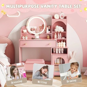 Portable Kids Makeup Vanity <strong>Table</strong> With Led Mirror Lights, Vintage Compact Mini Girl's Pink <strong>Dressing</strong> <strong>Table</strong> for Children - Product Image 3