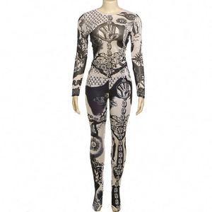 Ruizi 2025 primavera Streetwear manga larga estampado a juego Leggings Slim Fit malla transparente conjunto de 2 piezas mujeres - Product Image 4