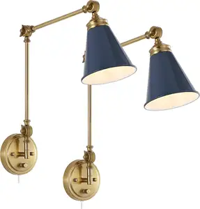 Vintage Wall Sconce Adjustable Swing Arm Metal Brass Finish Indoor Lighting 2 Piece Set