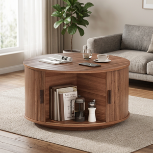 Drum Coffee <b>Table</b> Sliding Tambour Door Wood <b>Top</b> Adjustable <b>Stone</b> Base Walnut Brown Mid-Century 1 Year - Product Image 2